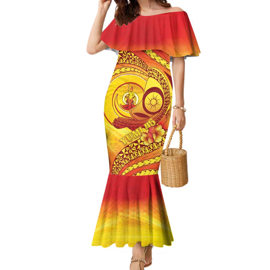 Vanuatu 45 Yia Indipendens Anivesari Family Matching Mermaid Dress and Hawaiian Shirt Tamtam Drum With Boar Tusk LT05 Mom's Dress Yellow - Polynesian Pride