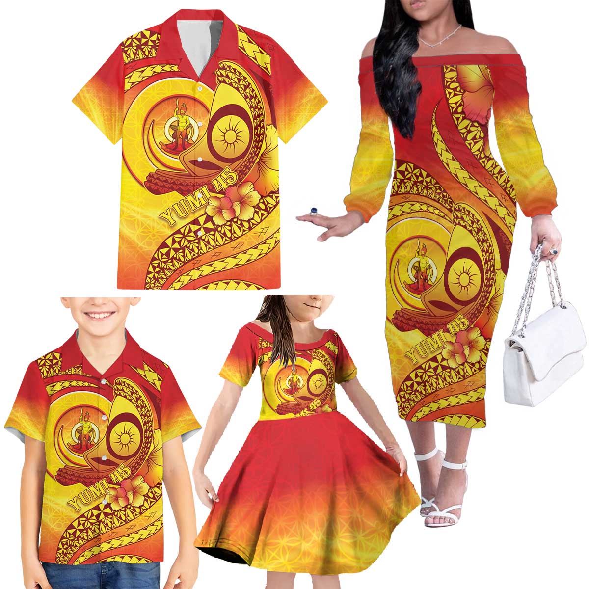Vanuatu 45 Yia Indipendens Anivesari Family Matching Off The Shoulder Long Sleeve Dress and Hawaiian Shirt Tamtam Drum With Boar Tusk - Polynesian Pride