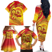 Vanuatu 45 Yia Indipendens Anivesari Family Matching Off The Shoulder Long Sleeve Dress and Hawaiian Shirt Tamtam Drum With Boar Tusk LT05 - Polynesian Pride