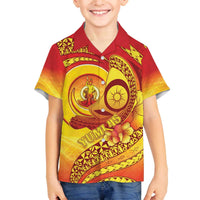 Vanuatu 45 Yia Indipendens Anivesari Family Matching Off The Shoulder Long Sleeve Dress and Hawaiian Shirt Tamtam Drum With Boar Tusk LT05 Son's Shirt Yellow - Polynesian Pride