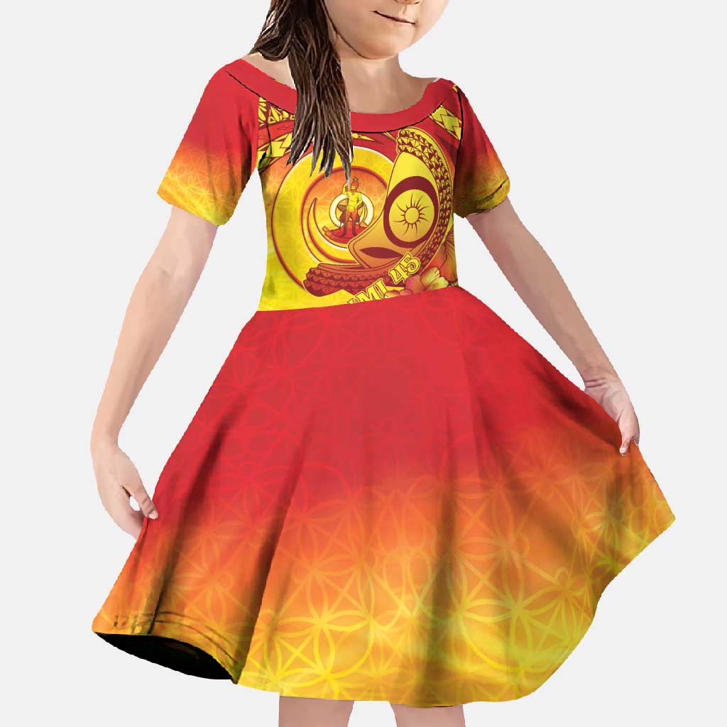 Vanuatu 45 Yia Indipendens Anivesari Family Matching Off Shoulder Maxi Dress and Hawaiian Shirt Tamtam Drum With Boar Tusk LT05 Daughter's Dress Yellow - Polynesian Pride