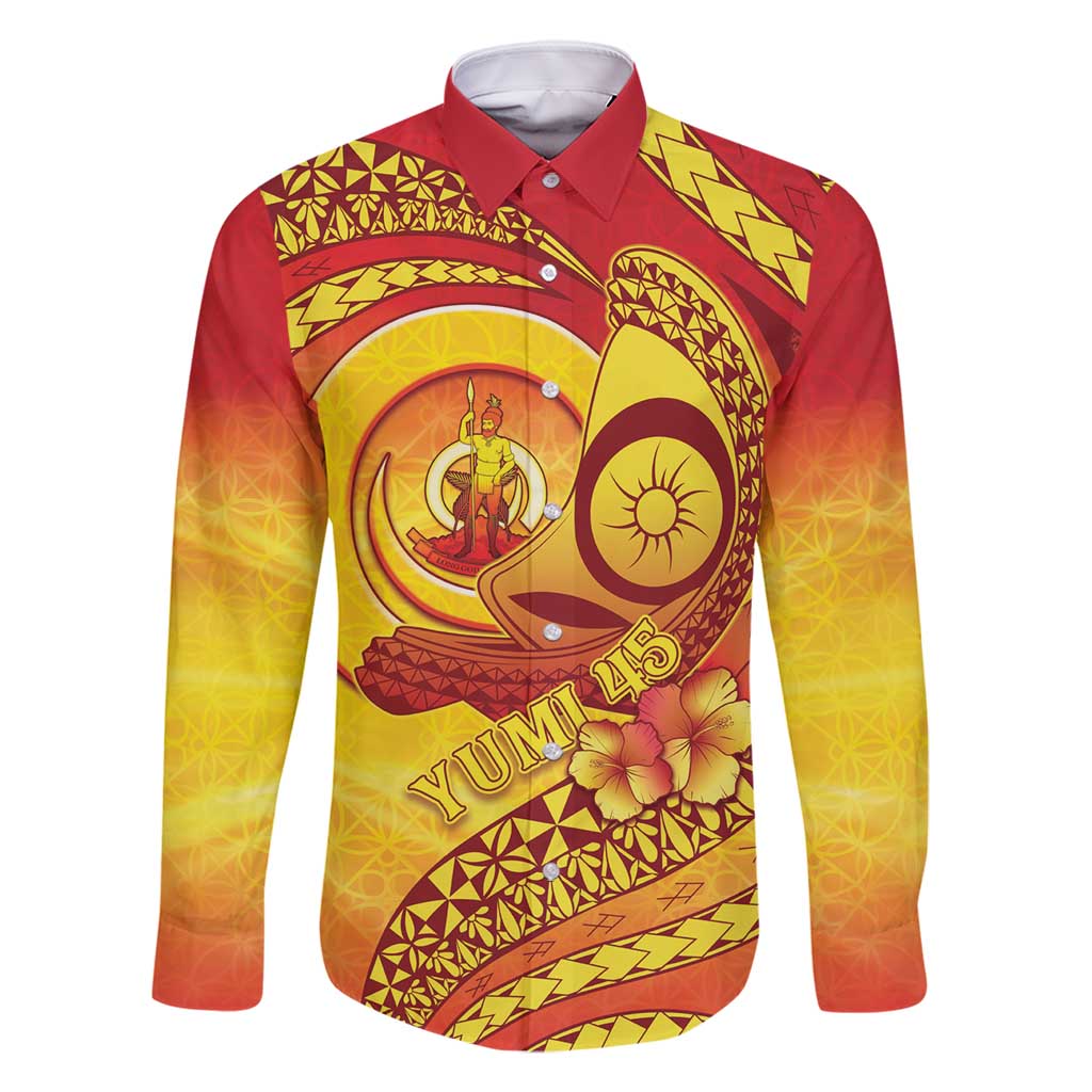 Vanuatu 45 Yia Indipendens Anivesari Family Matching Off Shoulder Maxi Dress and Hawaiian Shirt Tamtam Drum With Boar Tusk LT05 Dad's Shirt - Long Sleeve Yellow - Polynesian Pride
