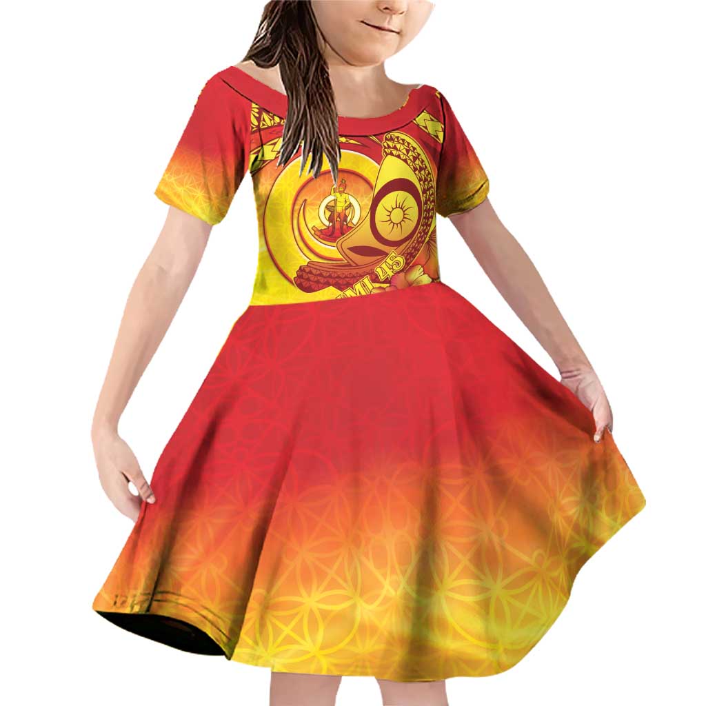 Vanuatu 45 Yia Indipendens Anivesari Family Matching Off Shoulder Short Dress and Hawaiian Shirt Tamtam Drum With Boar Tusk LT05 Daughter's Dress Yellow - Polynesian Pride