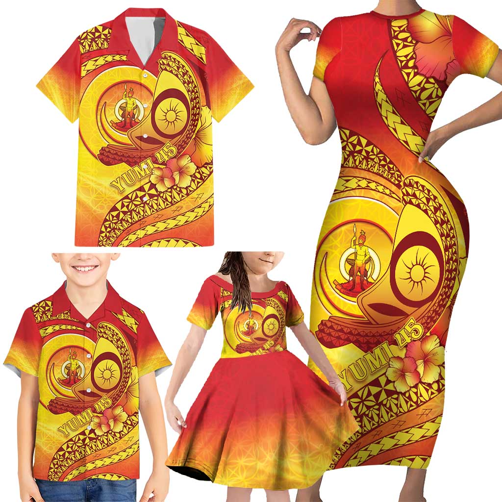 Vanuatu 45 Yia Indipendens Anivesari Family Matching Short Sleeve Bodycon Dress and Hawaiian Shirt Tamtam Drum With Boar Tusk LT05 - Polynesian Pride