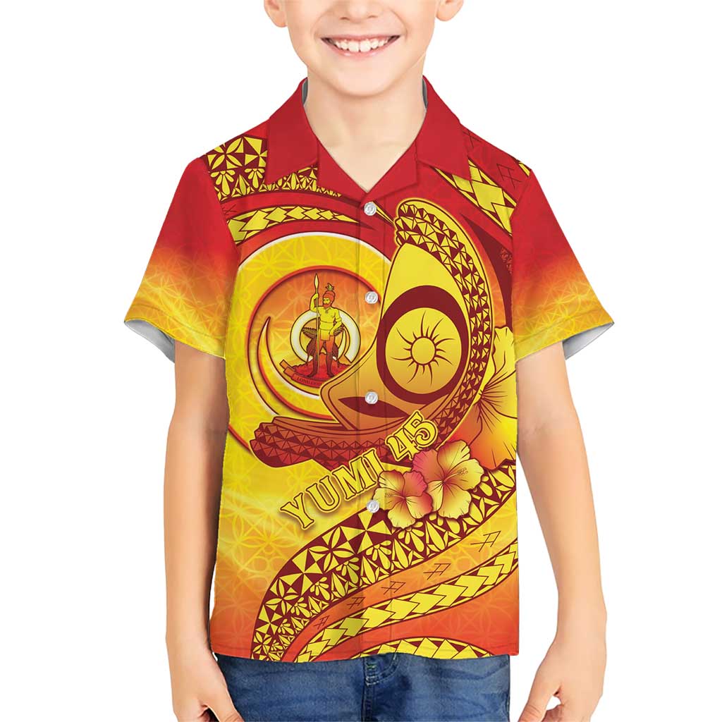 Vanuatu 45 Yia Indipendens Anivesari Family Matching Short Sleeve Bodycon Dress and Hawaiian Shirt Tamtam Drum With Boar Tusk LT05 Son's Shirt Yellow - Polynesian Pride