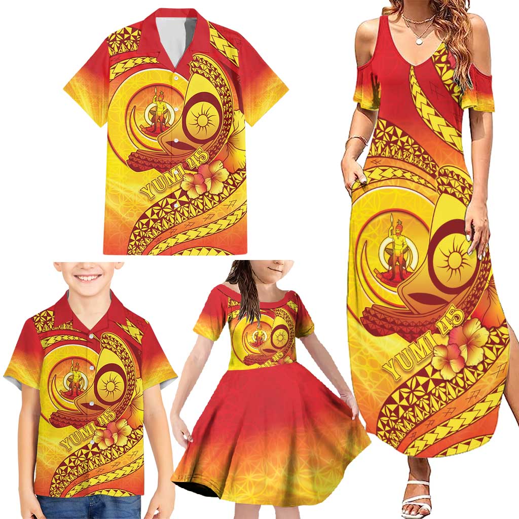 Vanuatu 45 Yia Indipendens Anivesari Family Matching Summer Maxi Dress and Hawaiian Shirt Tamtam Drum With Boar Tusk LT05 - Polynesian Pride