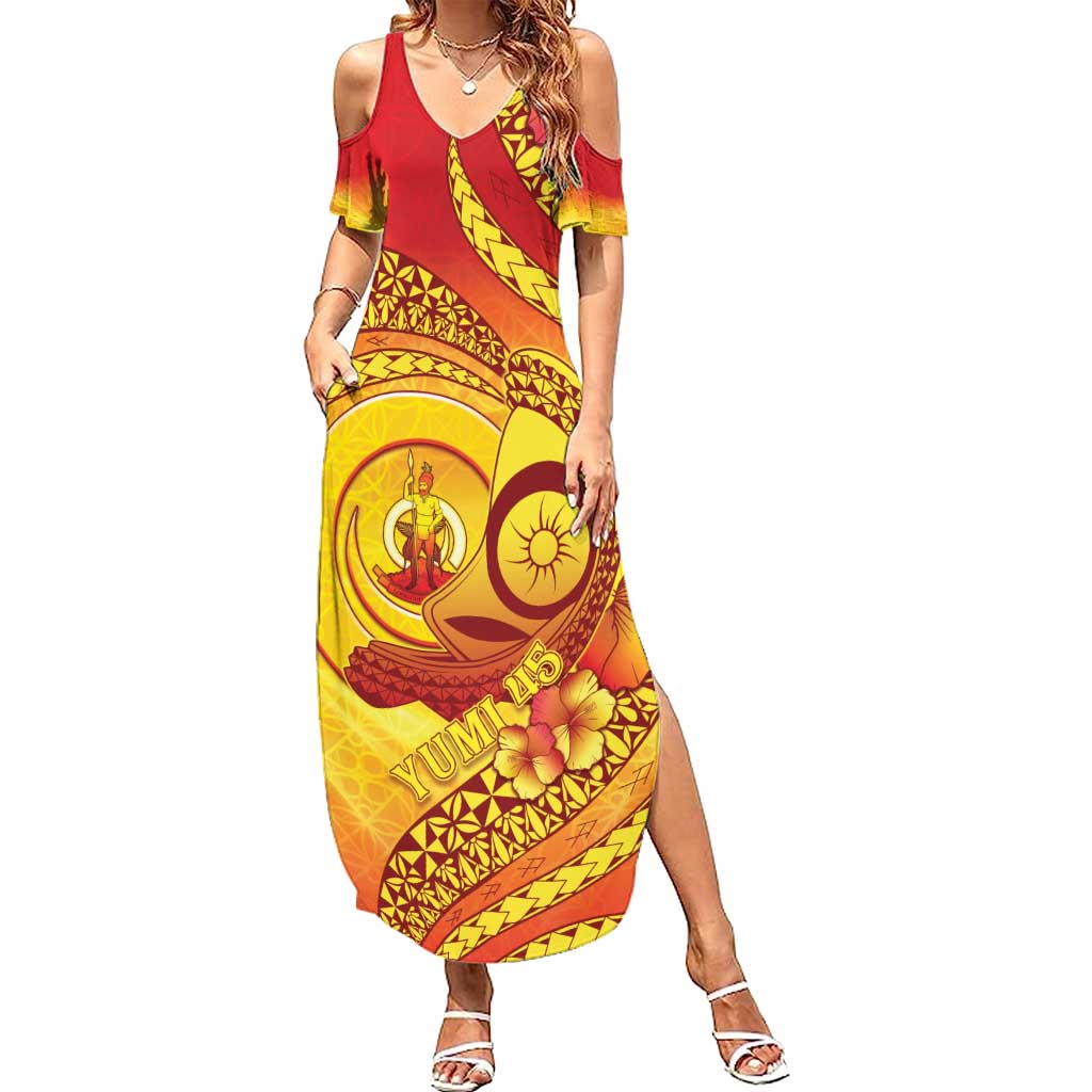 Vanuatu 45 Yia Indipendens Anivesari Family Matching Summer Maxi Dress and Hawaiian Shirt Tamtam Drum With Boar Tusk LT05 Mom's Dress Yellow - Polynesian Pride