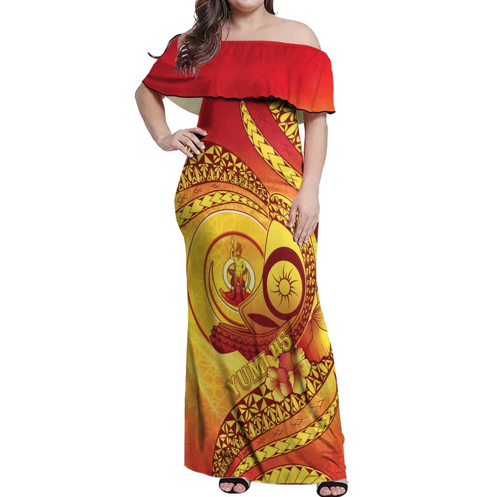Vanuatu 45 Yia Indipendens Anivesari Off Shoulder Maxi Dress Tamtam Drum With Boar Tusk - Polynesian Pride