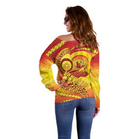 Vanuatu 45 Yia Indipendens Anivesari Off Shoulder Sweater Tamtam Drum With Boar Tusk - Polynesian Pride
