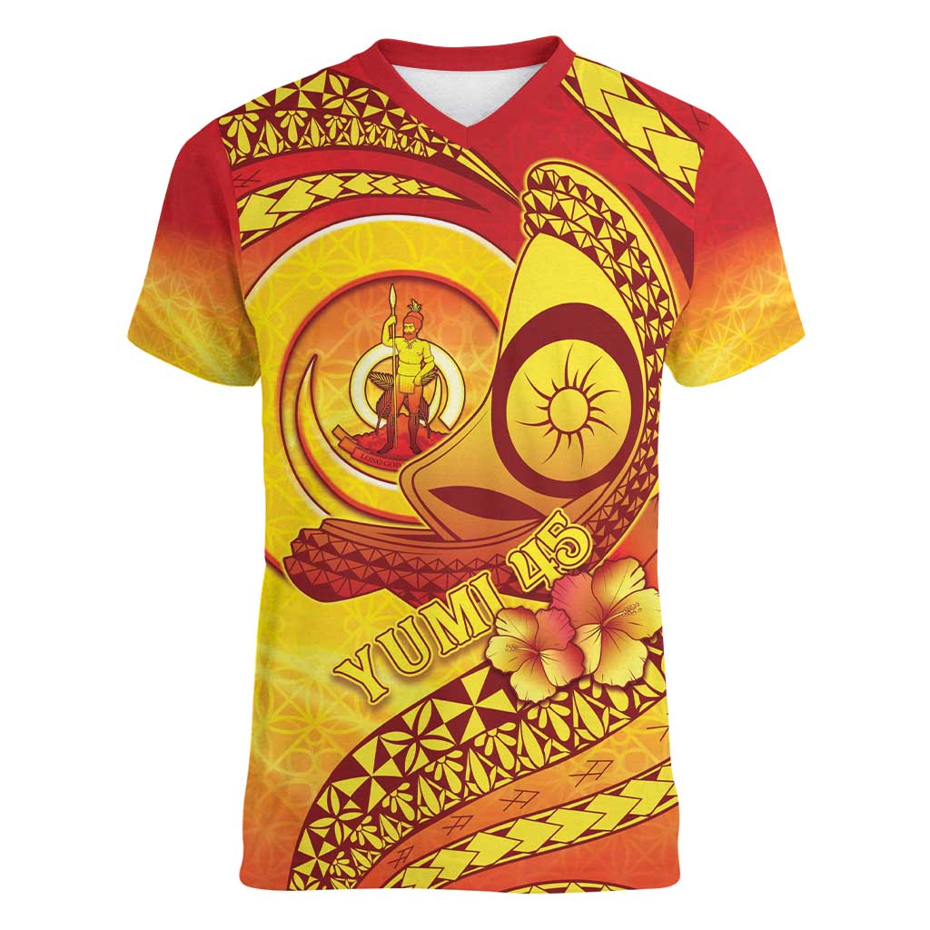 Vanuatu 45 Yia Indipendens Anivesari Women V-Neck T-Shirt Tamtam Drum With Boar Tusk LT05 Female Yellow - Polynesian Pride