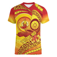 Vanuatu 45 Yia Indipendens Anivesari Women V-Neck T-Shirt Tamtam Drum With Boar Tusk LT05 Female Yellow - Polynesian Pride