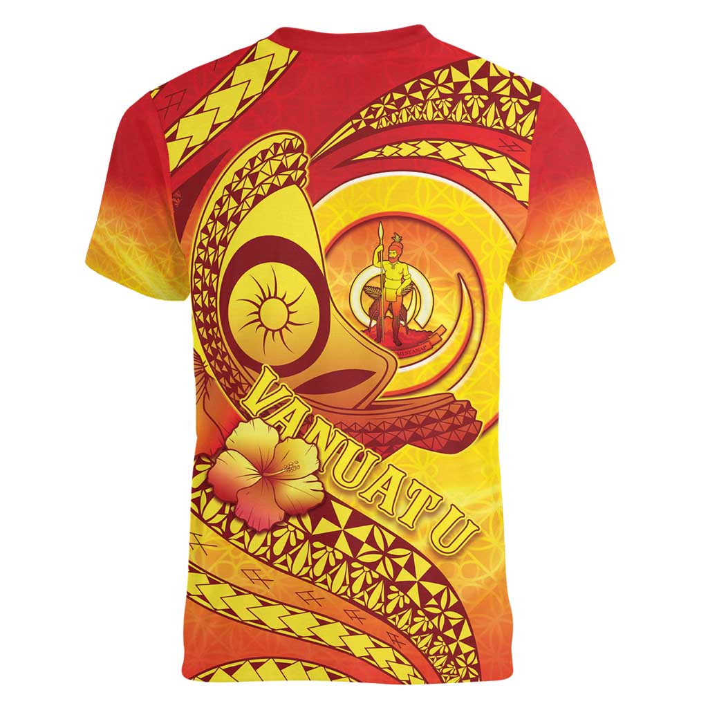 Vanuatu 45 Yia Indipendens Anivesari Women V-Neck T-Shirt Tamtam Drum With Boar Tusk LT05 - Polynesian Pride