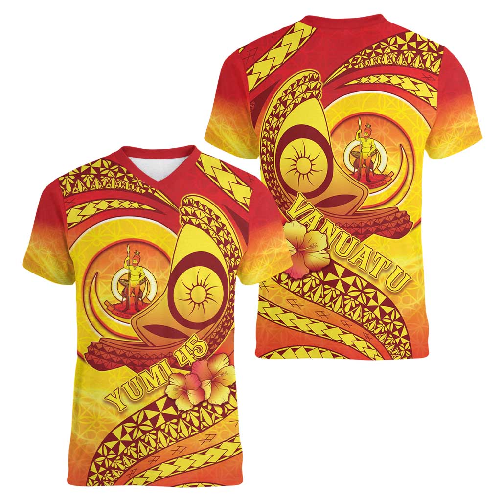 Vanuatu 45 Yia Indipendens Anivesari Women V-Neck T-Shirt Tamtam Drum With Boar Tusk LT05 - Polynesian Pride