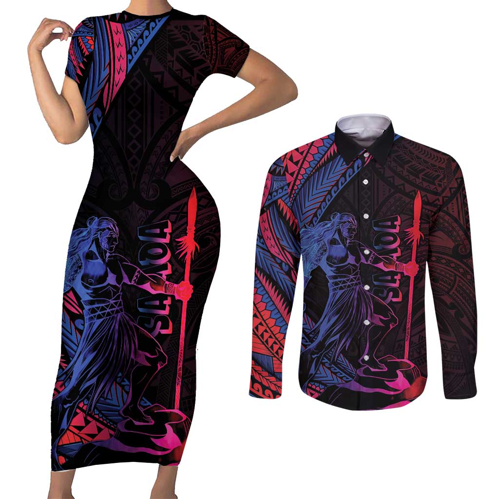 Samoan Pride Couples Matching Short Sleeve Bodycon Dress and Long Sleeve Button Shirt The Tui Manua - Polynesian Pride