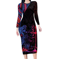 Samoan Pride Family Matching Long Sleeve Bodycon Dress and Hawaiian Shirt The Tui Manua LT05 Mom's Dress Black - Polynesian Pride