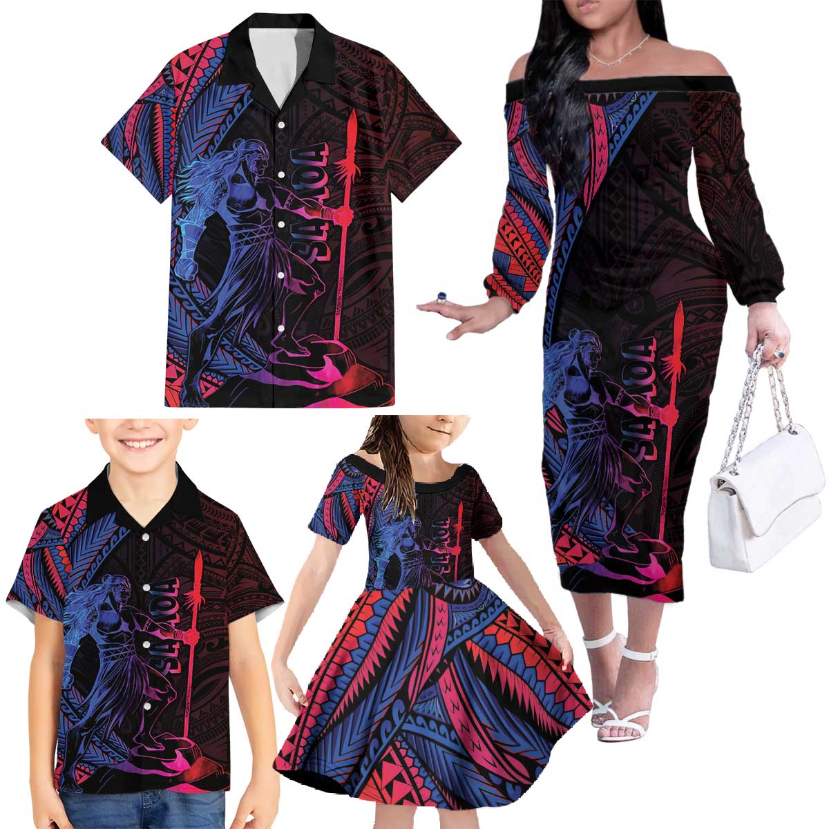 Samoan Pride Family Matching Off The Shoulder Long Sleeve Dress and Hawaiian Shirt The Tui Manua LT05 - Polynesian Pride