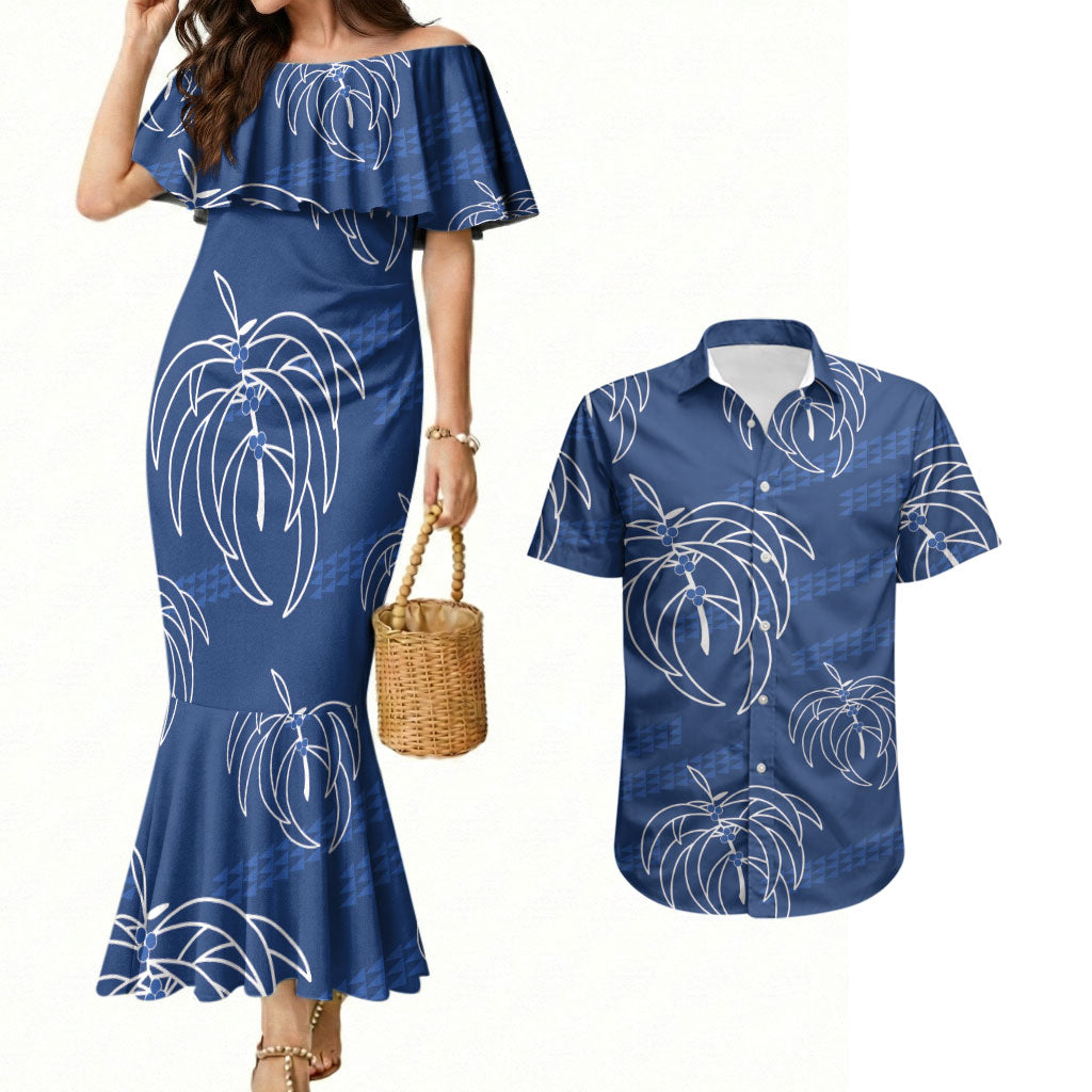 Aloha Hawaii Acacia Koa Leaves Couples Matching Mermaid Dress and Hawaiian Shirt Navy Kakau Tribal Pattern LT05 Navy - Polynesian Pride