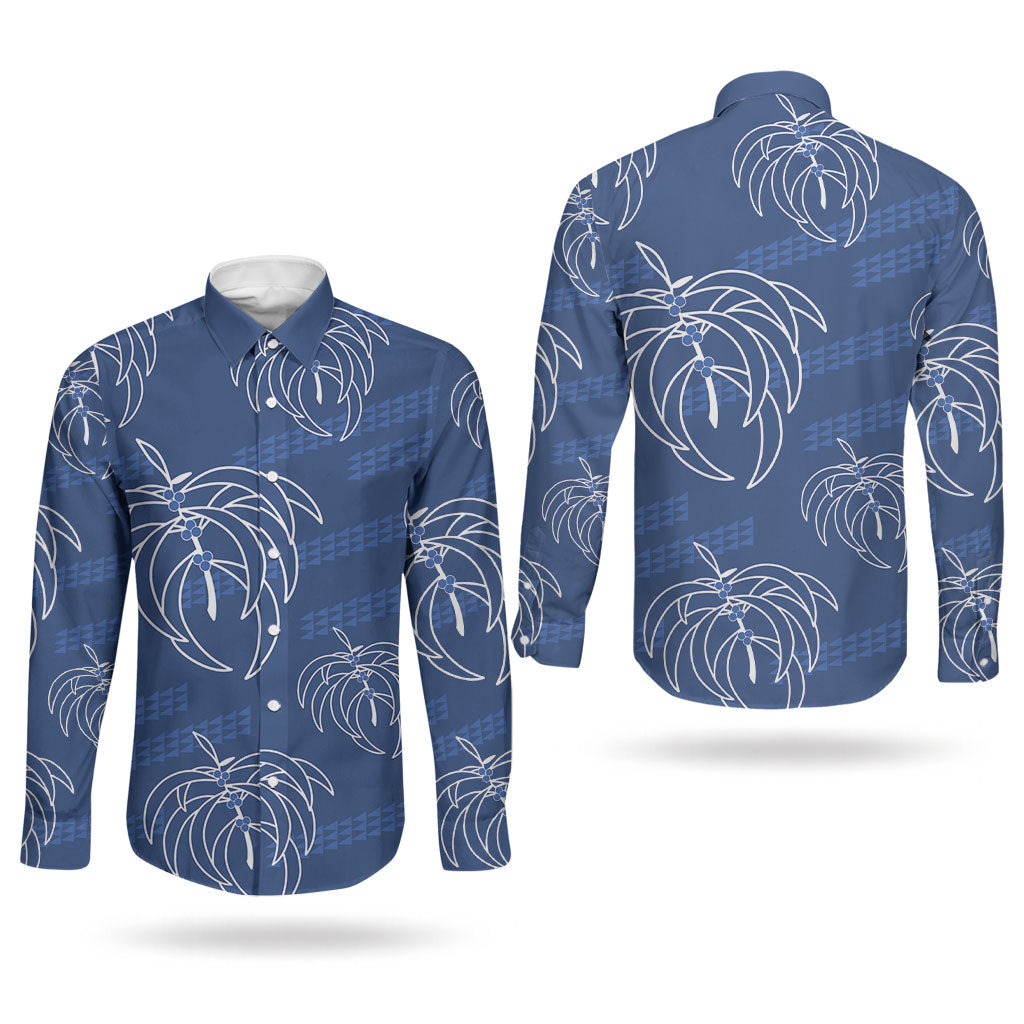 Aloha Hawaii Acacia Koa Leaves Couples Matching Off Shoulder Maxi Dress and Long Sleeve Button Shirt Navy Kakau Tribal Pattern LT05 - Polynesian Pride