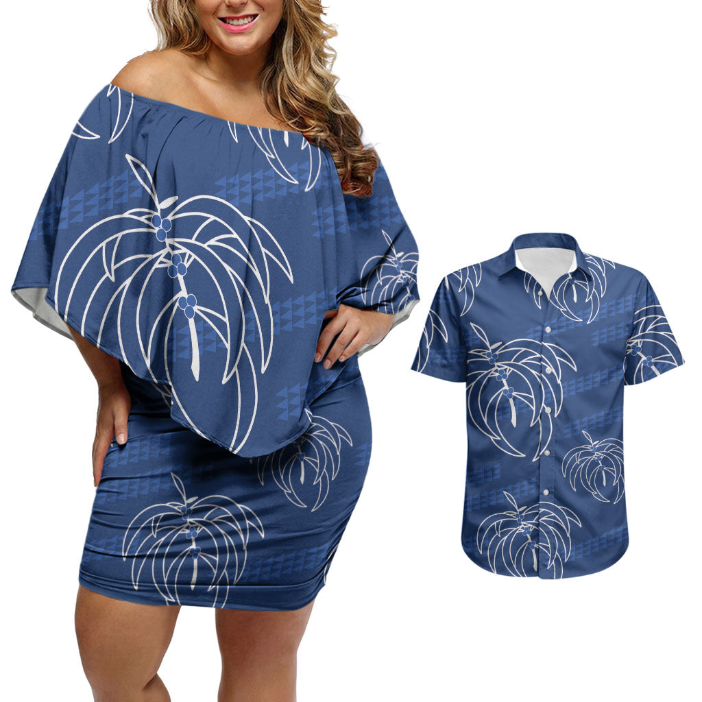 Aloha Hawaii Acacia Koa Leaves Couples Matching Off Shoulder Short Dress and Hawaiian Shirt Navy Kakau Tribal Pattern