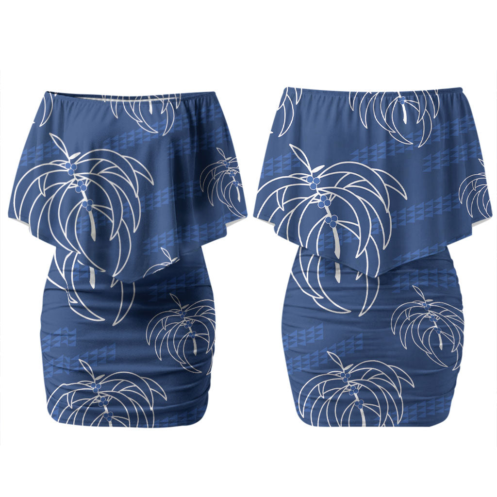 Aloha Hawaii Acacia Koa Leaves Couples Matching Off Shoulder Short Dress and Hawaiian Shirt Navy Kakau Tribal Pattern