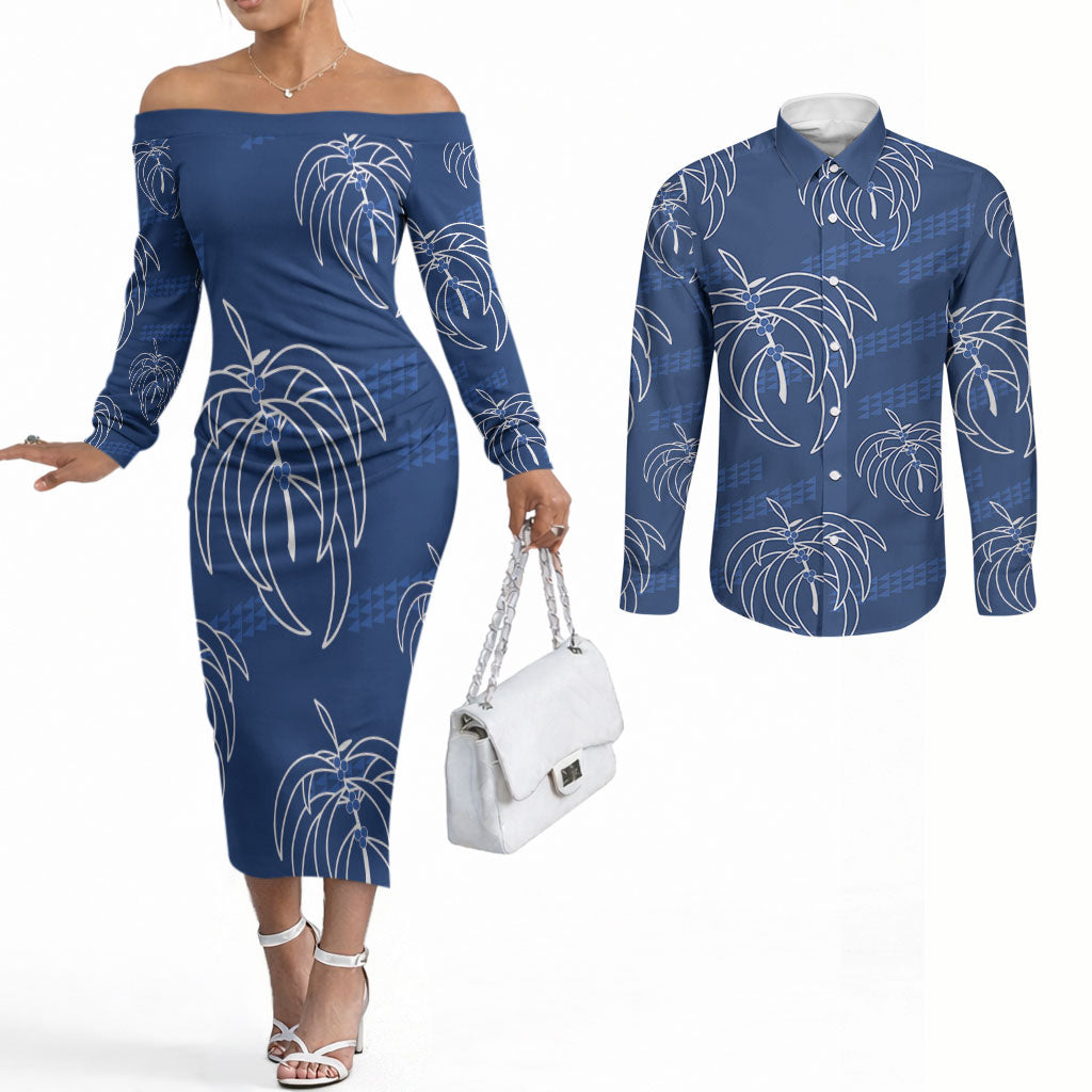 Aloha Hawaii Acacia Koa Leaves Couples Matching Off The Shoulder Long Sleeve Dress and Long Sleeve Button Shirt Navy Kakau Tribal Pattern LT05 Navy - Polynesian Pride