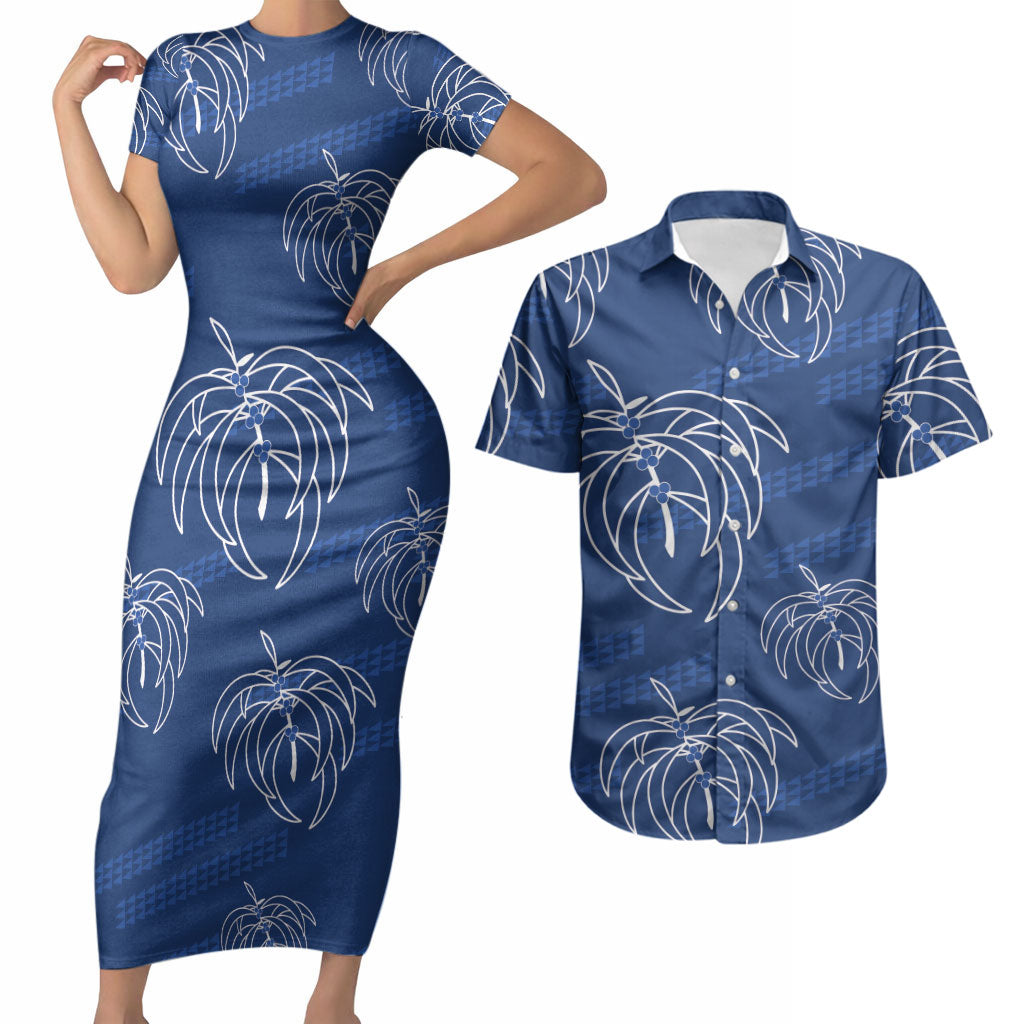 Aloha Hawaii Acacia Koa Leaves Couples Matching Short Sleeve Bodycon Dress and Hawaiian Shirt Navy Kakau Tribal Pattern