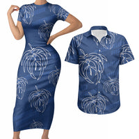 Aloha Hawaii Acacia Koa Leaves Couples Matching Short Sleeve Bodycon Dress and Hawaiian Shirt Navy Kakau Tribal Pattern