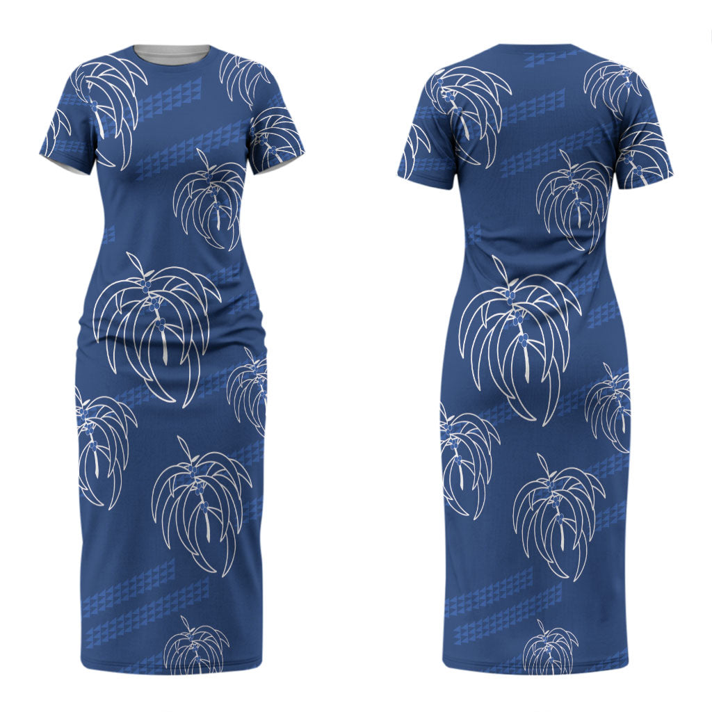Aloha Hawaii Acacia Koa Leaves Couples Matching Short Sleeve Bodycon Dress and Hawaiian Shirt Navy Kakau Tribal Pattern