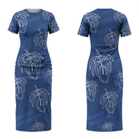 Aloha Hawaii Acacia Koa Leaves Couples Matching Short Sleeve Bodycon Dress and Hawaiian Shirt Navy Kakau Tribal Pattern
