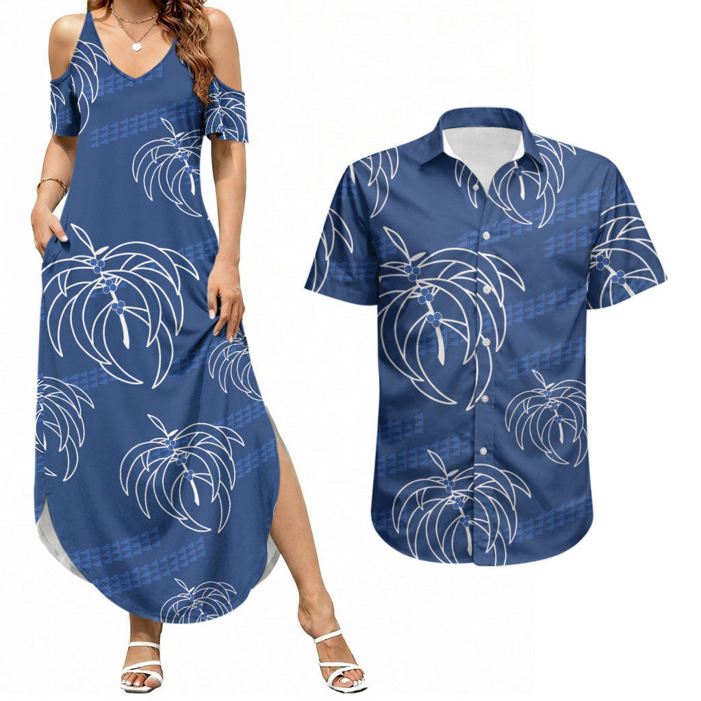 Aloha Hawaii Acacia Koa Leaves Couples Matching Summer Maxi Dress and Hawaiian Shirt Navy Kakau Tribal Pattern LT05 Navy - Polynesian Pride