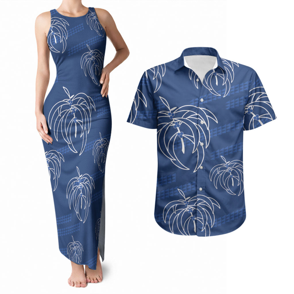 Aloha Hawaii Acacia Koa Leaves Couples Matching Tank Maxi Dress and Hawaiian Shirt Navy Kakau Tribal Pattern LT05 Navy - Polynesian Pride