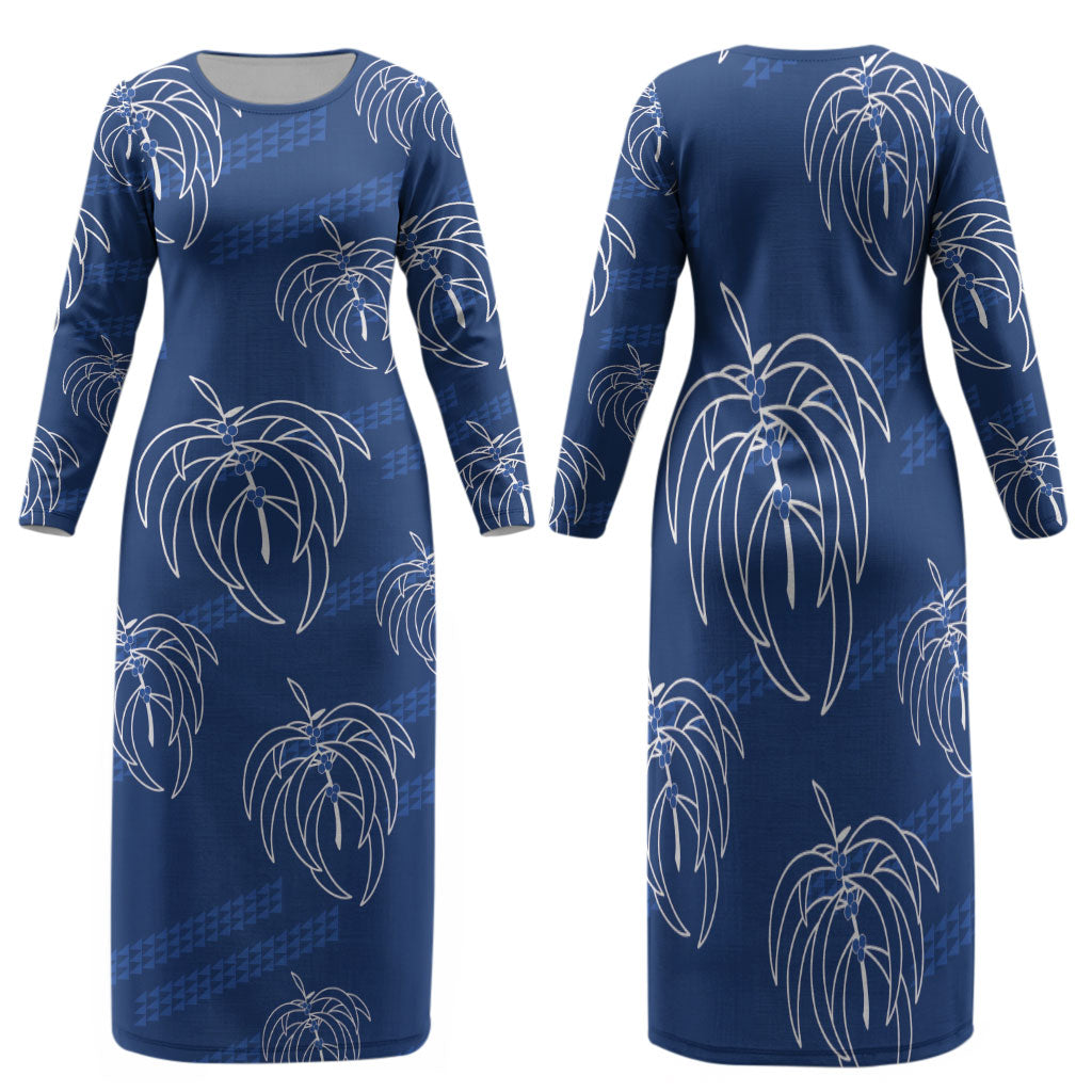 Aloha Hawaii Acacia Koa Leaves Family Matching Long Sleeve Bodycon Dress and Hawaiian Shirt Navy Kakau Tribal Pattern LT05 Mom's Dress Navy - Polynesian Pride