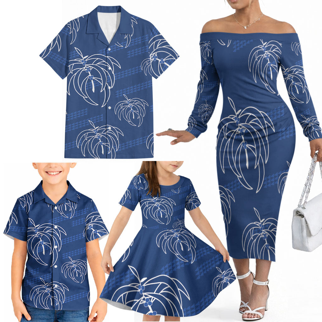Aloha Hawaii Acacia Koa Leaves Family Matching Off The Shoulder Long Sleeve Dress and Hawaiian Shirt Navy Kakau Tribal Pattern LT05 - Polynesian Pride