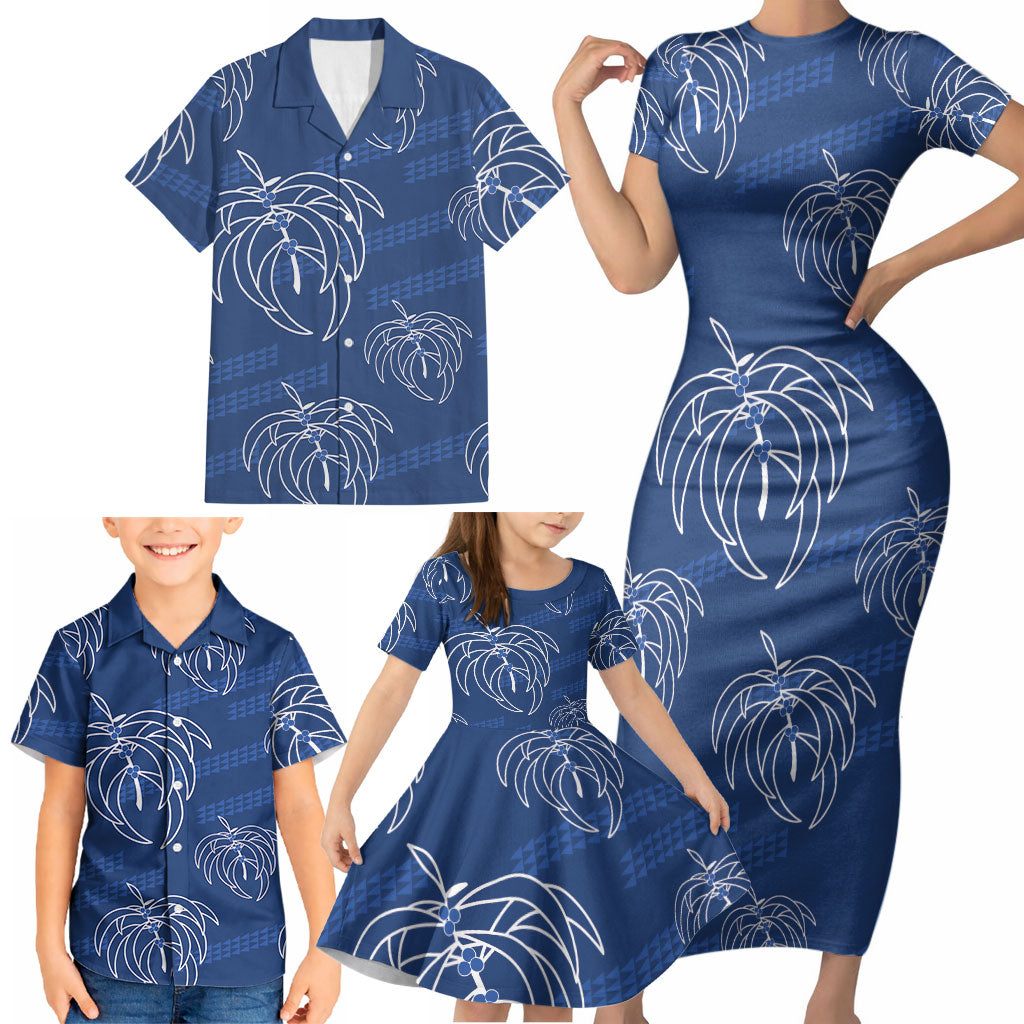 Aloha Hawaii Acacia Koa Leaves Family Matching Short Sleeve Bodycon Dress and Hawaiian Shirt Navy Kakau Tribal Pattern