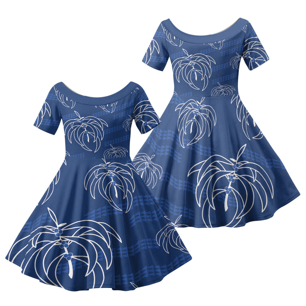Aloha Hawaii Acacia Koa Leaves Family Matching Short Sleeve Bodycon Dress and Hawaiian Shirt Navy Kakau Tribal Pattern