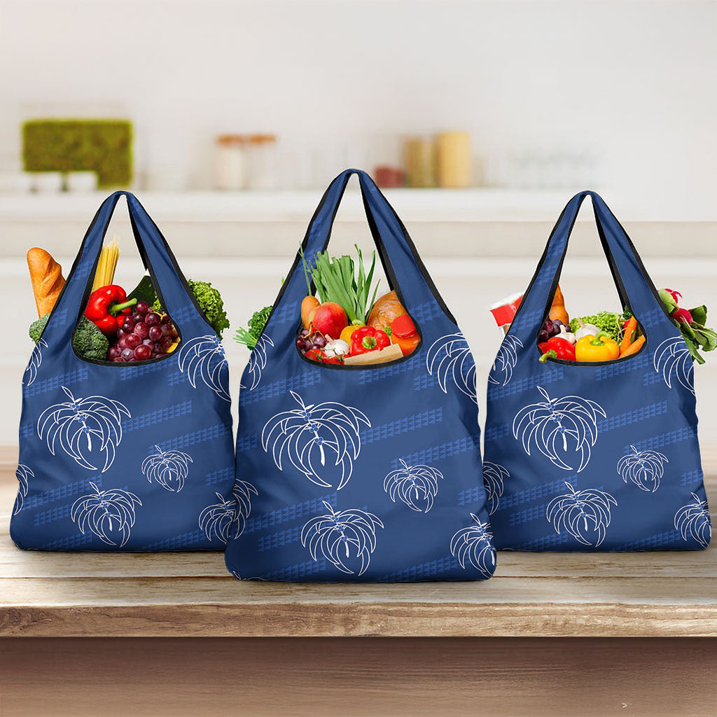 Aloha Hawaii Acacia Koa Leaves Grocery Bag Navy Kakau Tribal Pattern