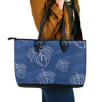 Aloha Hawaii Acacia Koa Leaves Leather Tote Bag Navy Kakau Tribal Pattern