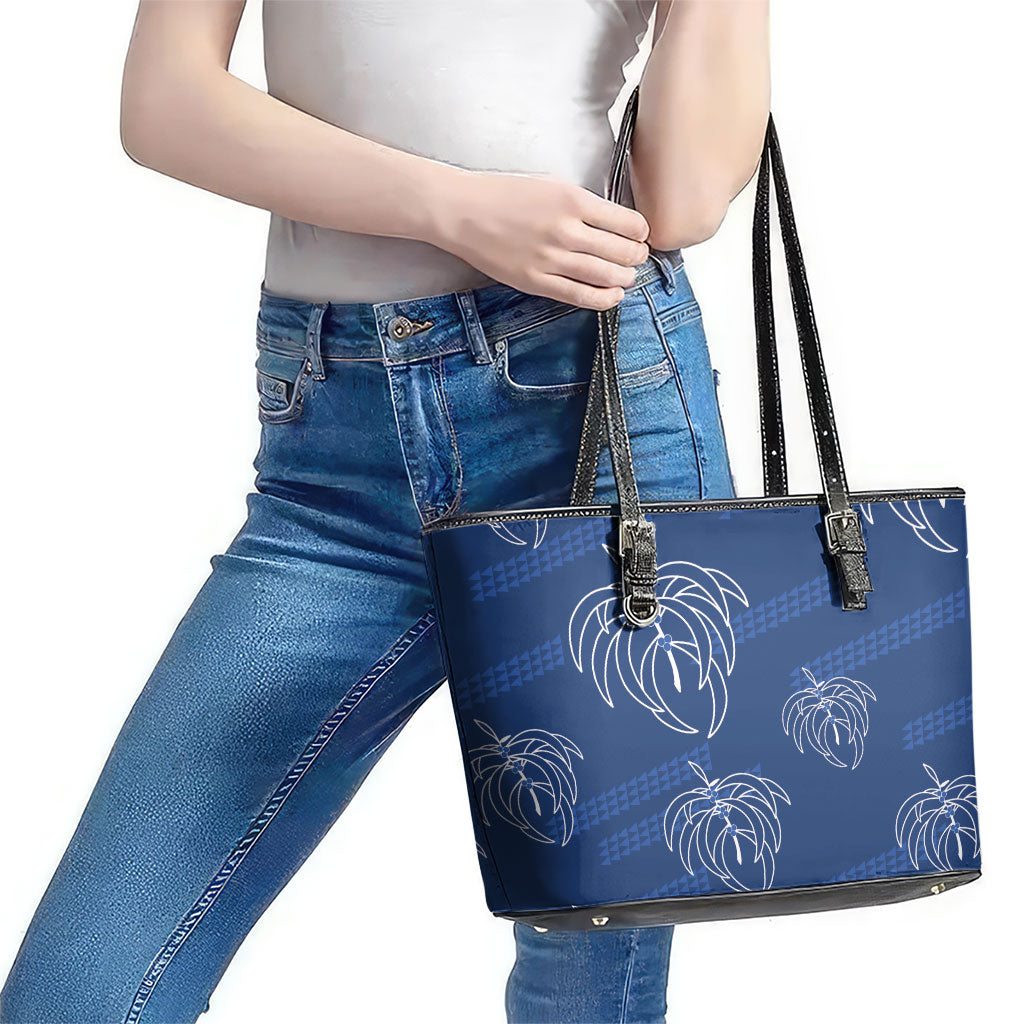 Aloha Hawaii Acacia Koa Leaves Leather Tote Bag Navy Kakau Tribal Pattern
