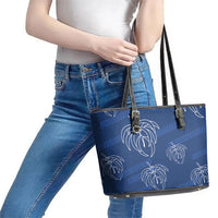 Aloha Hawaii Acacia Koa Leaves Leather Tote Bag Navy Kakau Tribal Pattern
