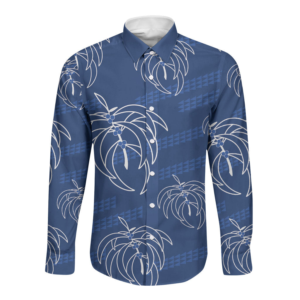 Aloha Hawaii Acacia Koa Leaves Long Sleeve Button Shirt Navy Kakau Tribal Pattern LT05 Unisex Navy - Polynesian Pride