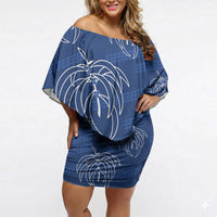 Aloha Hawaii Acacia Koa Leaves Off Shoulder Short Dress Navy Kakau Tribal Pattern