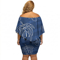 Aloha Hawaii Acacia Koa Leaves Off Shoulder Short Dress Navy Kakau Tribal Pattern