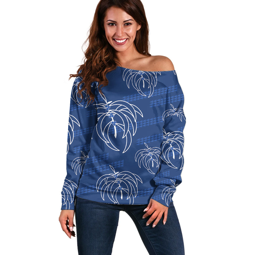 Aloha Hawaii Acacia Koa Leaves Off Shoulder Sweater Navy Kakau Tribal Pattern LT05 Women Navy - Polynesian Pride