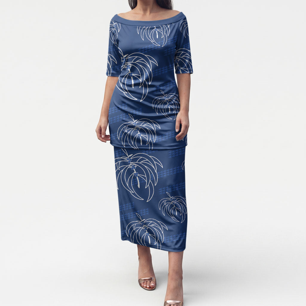 Aloha Hawaii Acacia Koa Leaves Puletasi Navy Kakau Tribal Pattern LT05 Long Dress Navy - Polynesian Pride