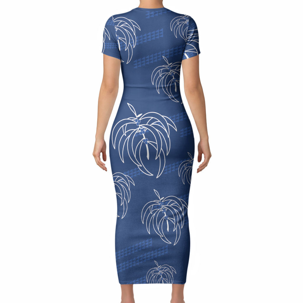 Aloha Hawaii Acacia Koa Leaves Short Sleeve Bodycon Dress Navy Kakau Tribal Pattern