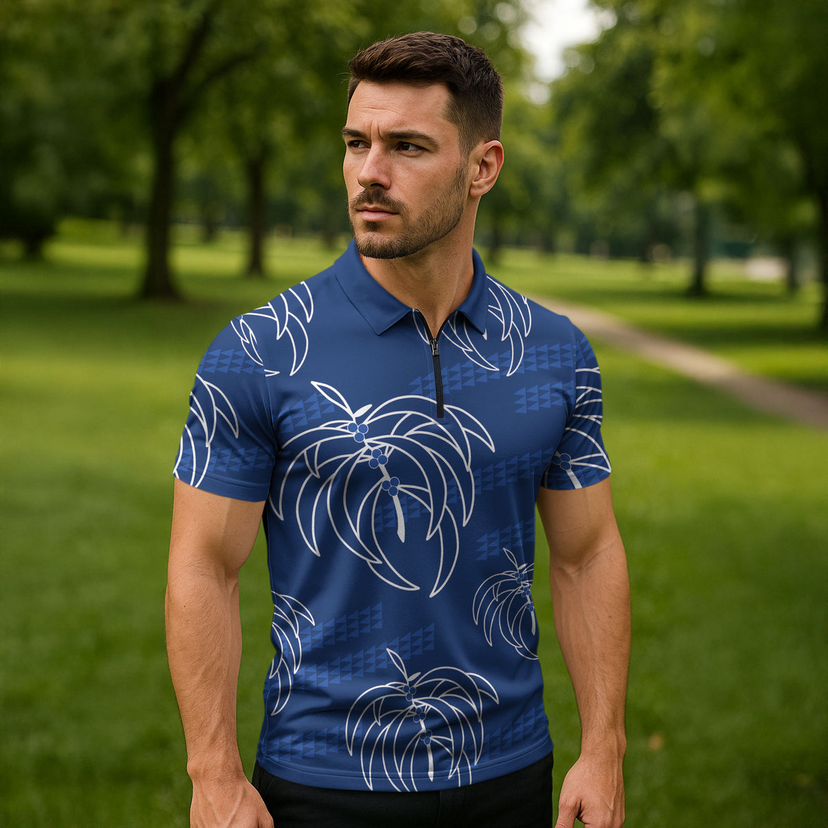 Aloha Hawaii Acacia Koa Leaves Zipper Polo Shirt Navy Kakau Tribal Pattern LT05 - Polynesian Pride