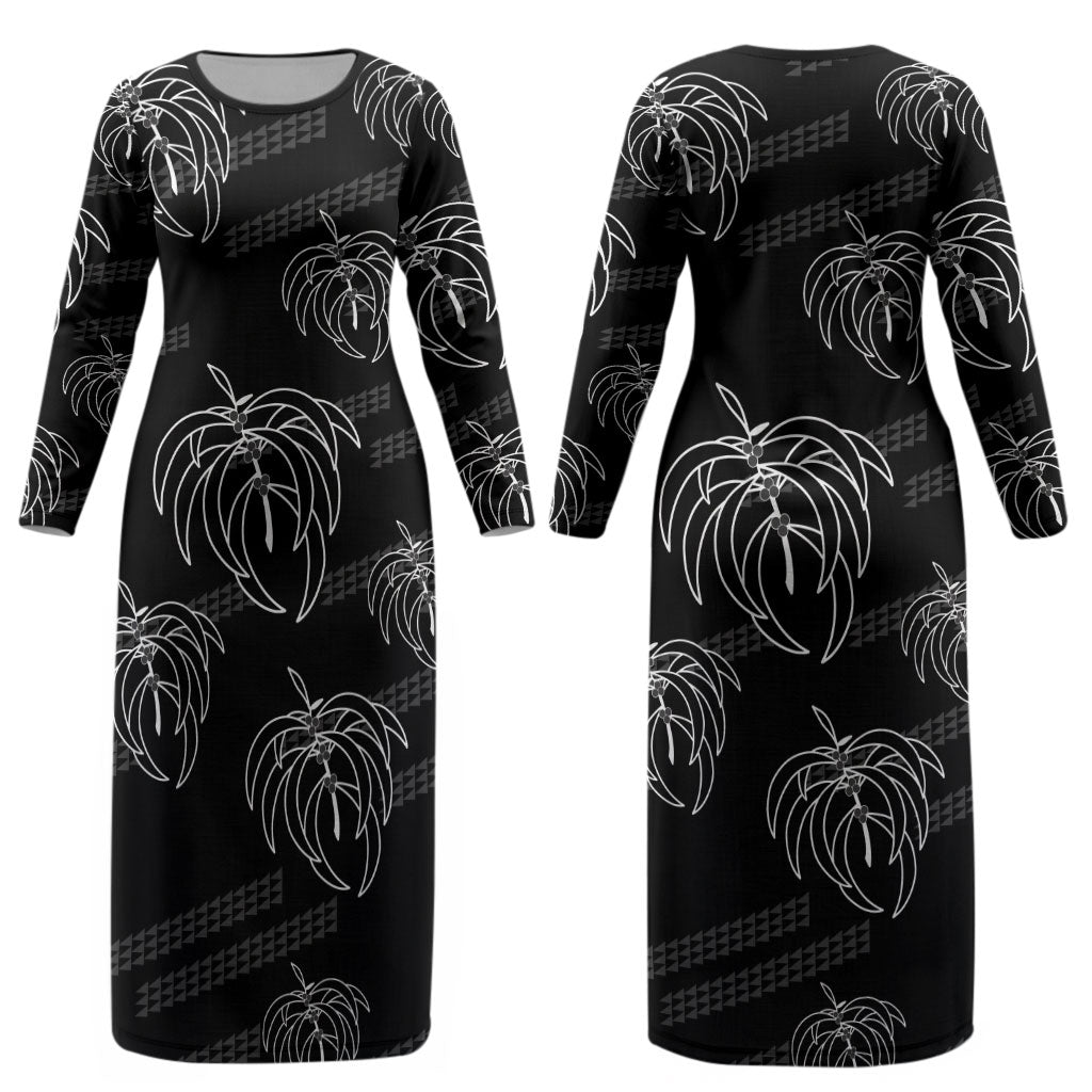 Aloha Hawaii Acacia Koa Leaves Couples Matching Long Sleeve Bodycon Dress and Hawaiian Shirt Black Kakau Tribal Pattern LT05 - Polynesian Pride