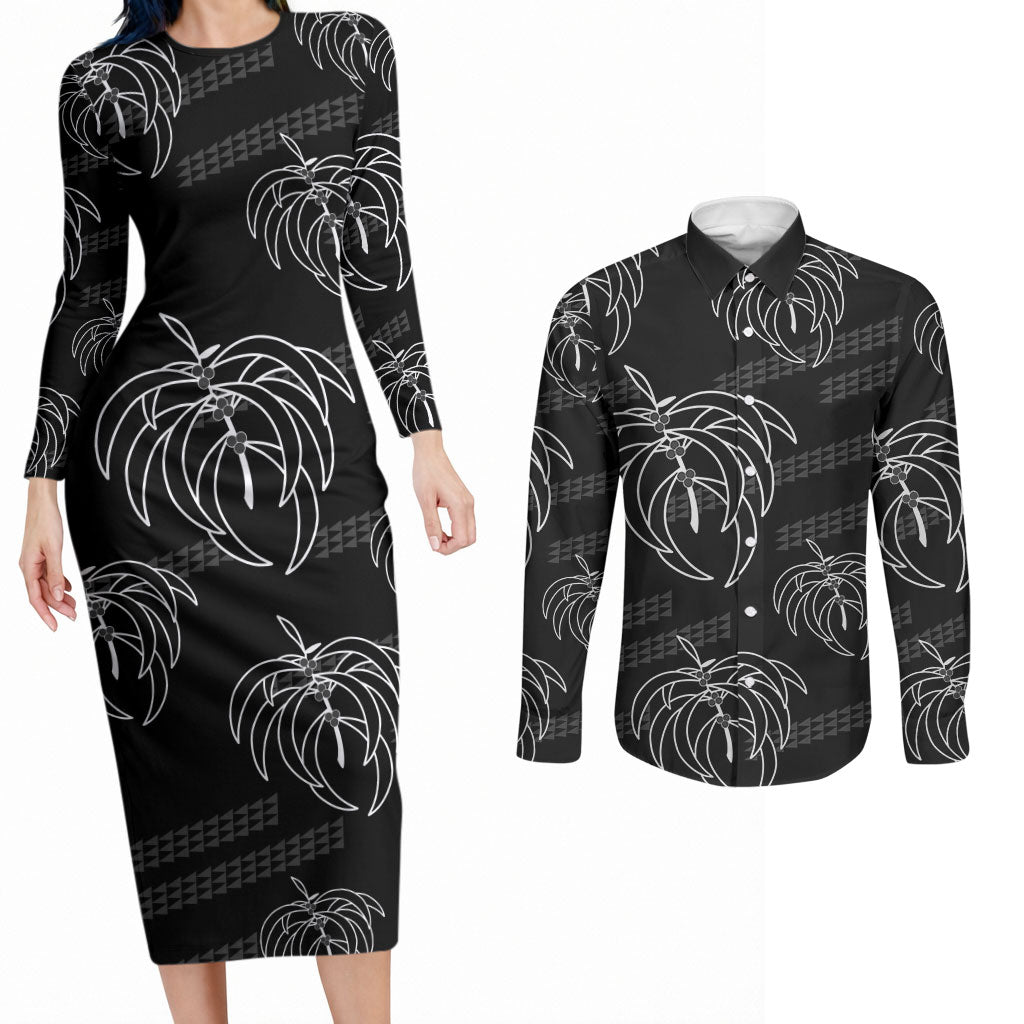 Aloha Hawaii Acacia Koa Leaves Couples Matching Long Sleeve Bodycon Dress and Long Sleeve Button Shirt Black Kakau Tribal Pattern LT05 Black - Polynesian Pride