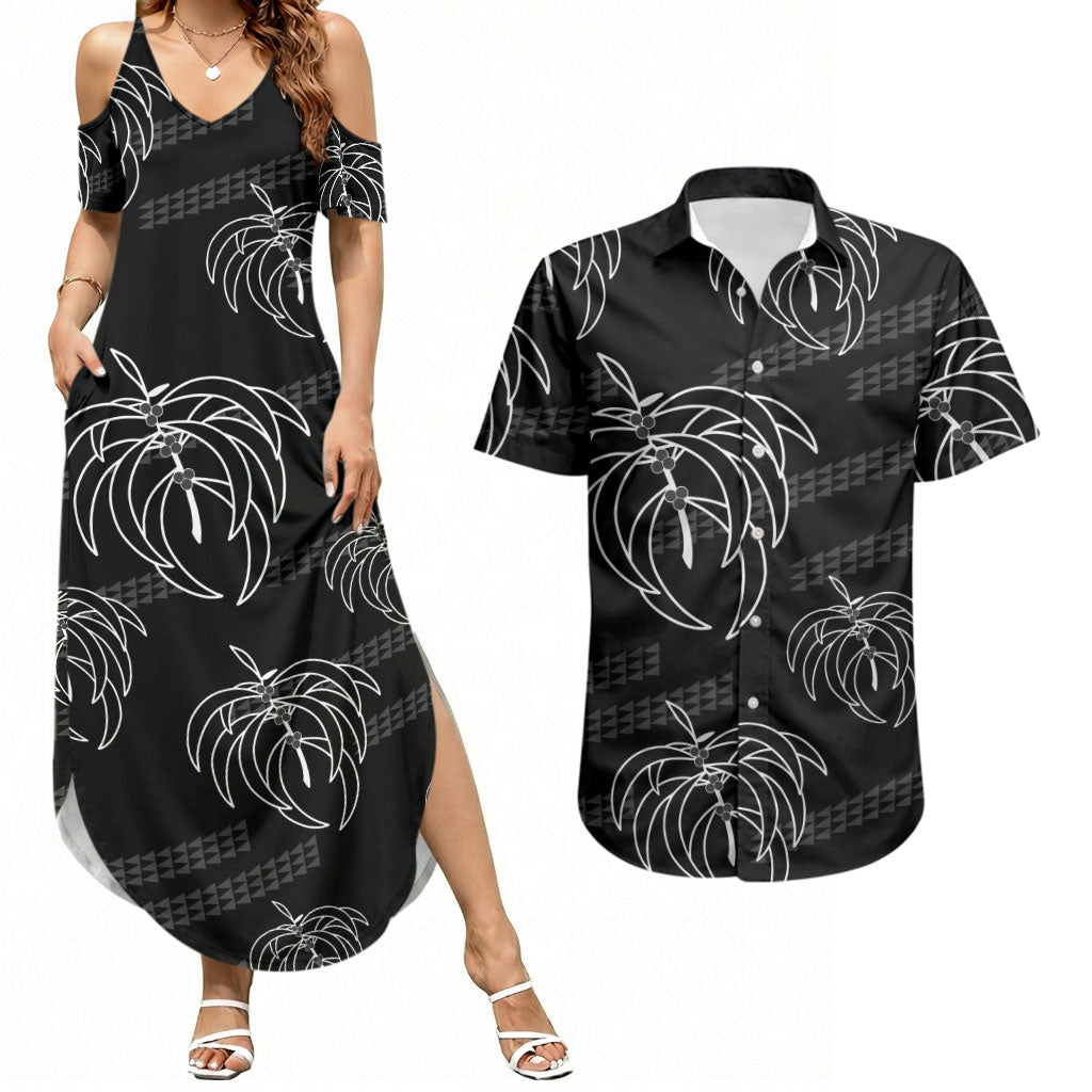 Aloha Hawaii Acacia Koa Leaves Couples Matching Summer Maxi Dress and Hawaiian Shirt Black Kakau Tribal Pattern LT05 Black - Polynesian Pride