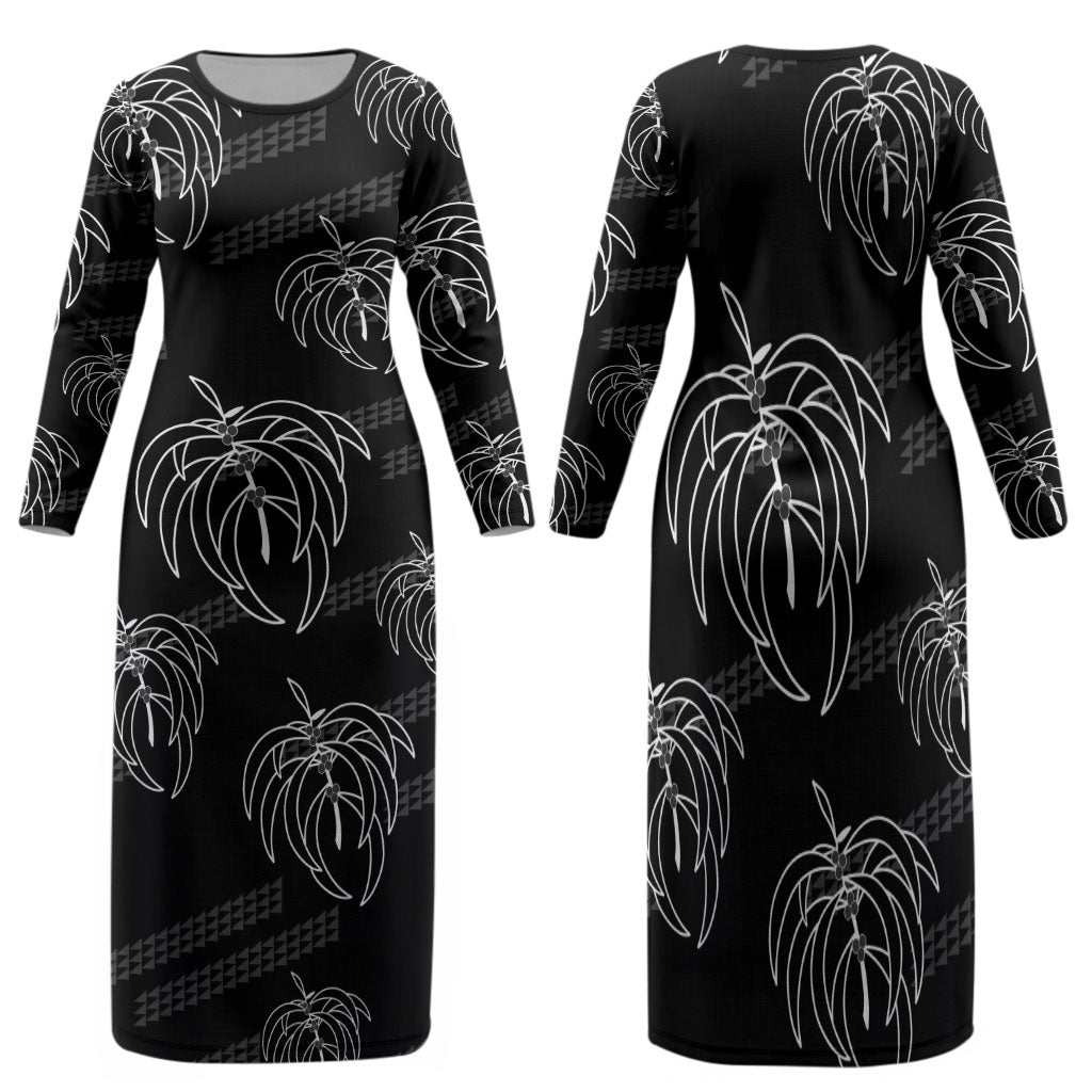 Aloha Hawaii Acacia Koa Leaves Family Matching Long Sleeve Bodycon Dress and Hawaiian Shirt Black Kakau Tribal Pattern LT05 Mom's Dress Black - Polynesian Pride